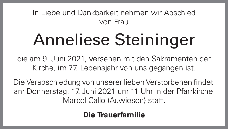  Traueranzeige für Anneliese Steininger vom 14.06.2021 aus OÖNachrichten