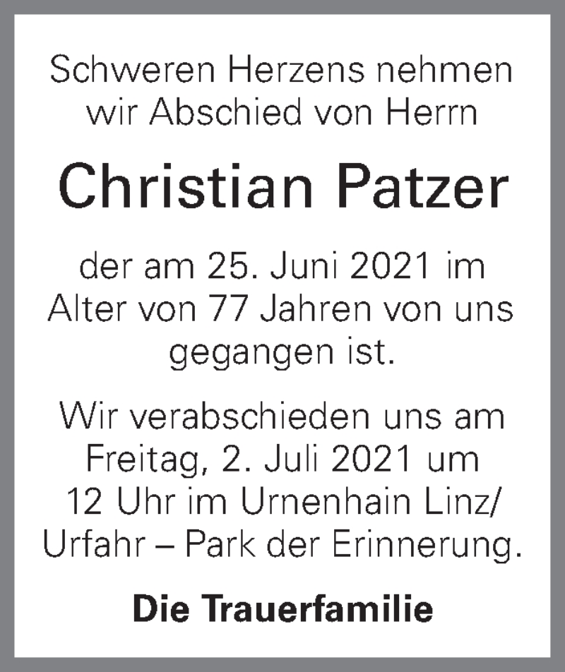  Traueranzeige für Christian Patzer vom 30.06.2021 aus OÖNachrichten