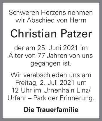 Traueranzeige von Christian Patzer von OÖNachrichten