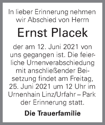 Traueranzeige von Ernst Placek von OÖNachrichten