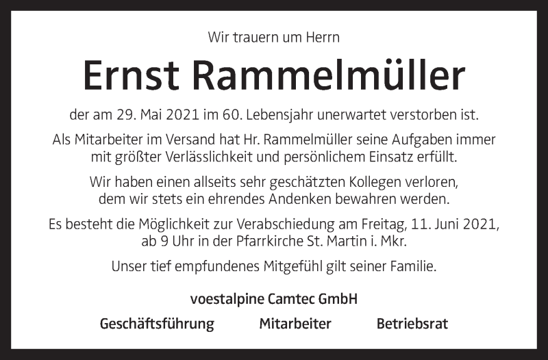  Traueranzeige für Ernst Rammelmüller vom 09.06.2021 aus OÖNachrichten