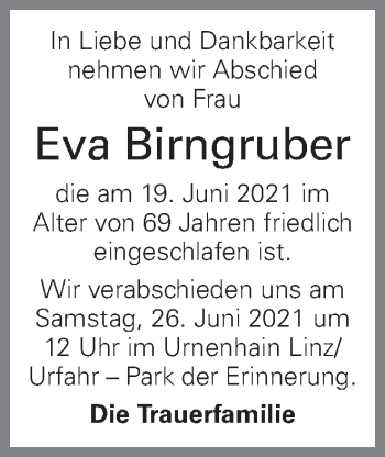 Traueranzeige von Eva Birngruber von OÖNachrichten
