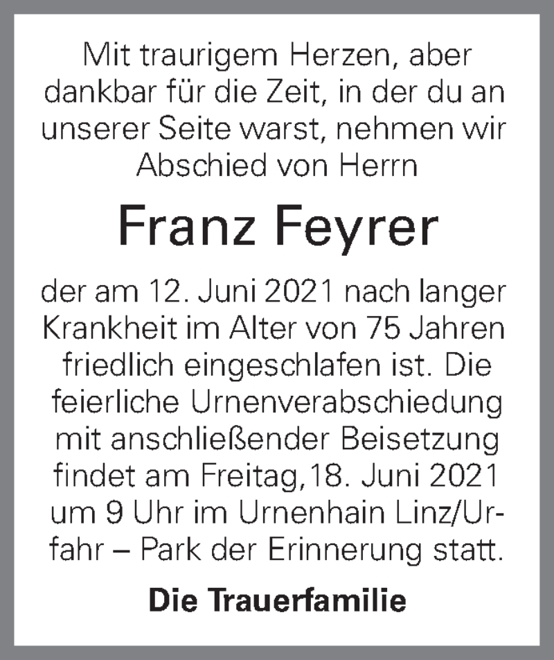  Traueranzeige für Franz Feyrer vom 17.06.2021 aus OÖNachrichten