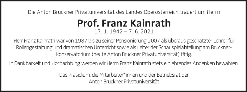  Traueranzeige für Franz Kainrath vom 12.06.2021 aus OÖNachrichten