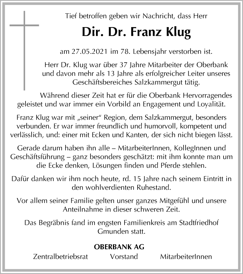 Traueranzeige für Franz Klug vom 09.06.2021 aus OÖNachrichten