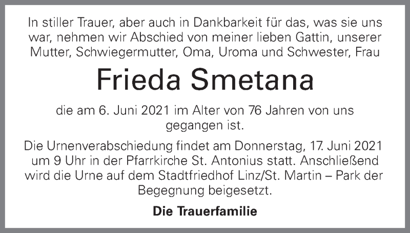  Traueranzeige für Frieda Smetana vom 12.06.2021 aus OÖNachrichten