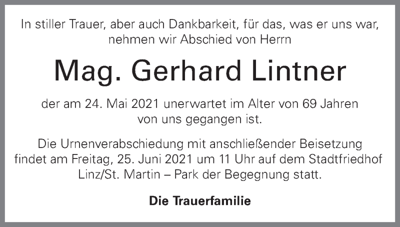  Traueranzeige für Gerhard Lintner vom 17.06.2021 aus OÖNachrichten