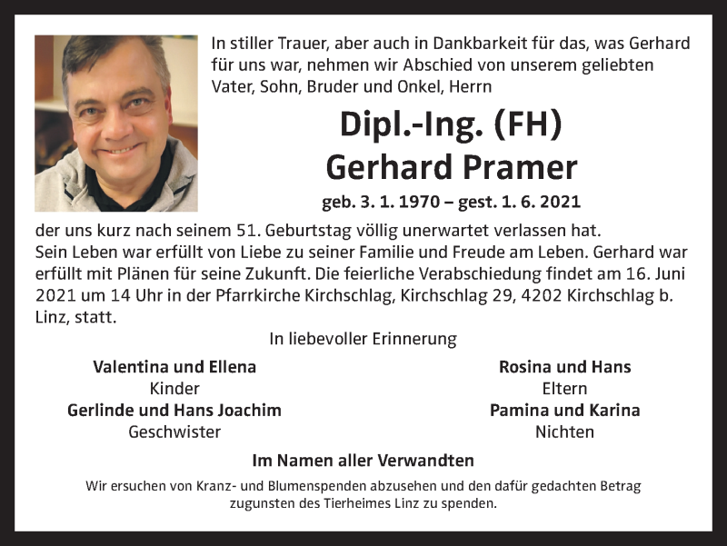 Traueranzeige für Gerhard Pramer vom 05.06.2021 aus OÖNachrichten
