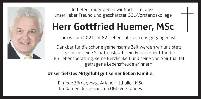  Traueranzeige für Gottfried Huemer vom 12.06.2021 aus OÖNachrichten