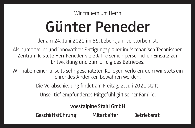  Traueranzeige für Günter Peneder vom 30.06.2021 aus OÖNachrichten