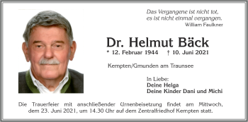 Traueranzeige von Helmut Bäck von OÖNachrichten