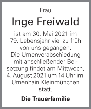Traueranzeige von Inge Freiwald von OÖNachrichten