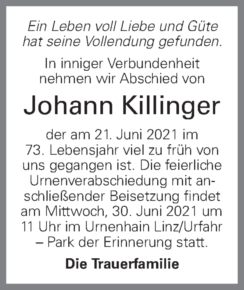  Traueranzeige für Johann Killinger vom 28.06.2021 aus OÖNachrichten