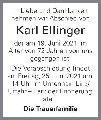 Traueranzeige von Karl Ellinger von OÖNachrichten