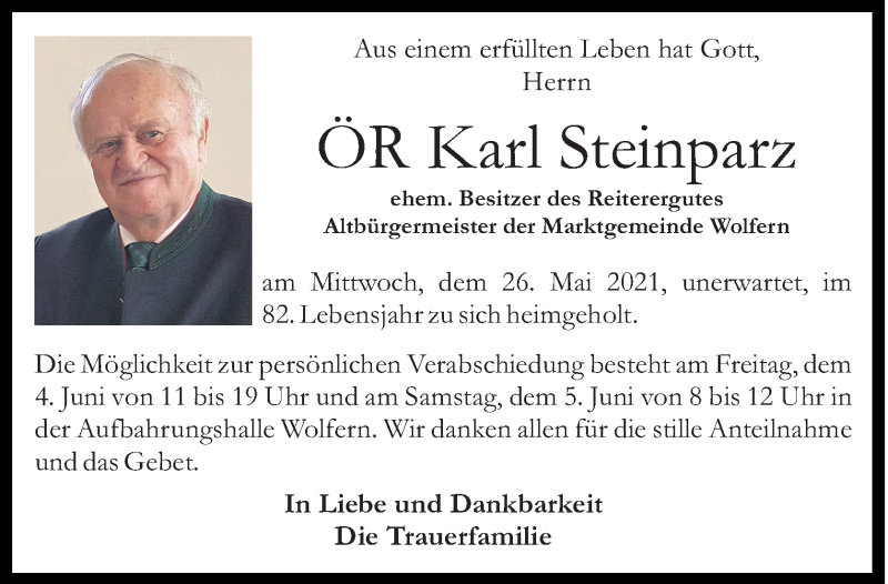  Traueranzeige für Karl Steinparz vom 02.06.2021 aus OÖNachrichten