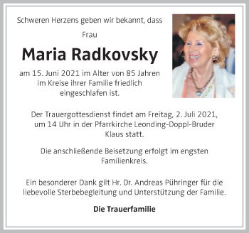 Traueranzeige von Maria Radkovsky von OÖNachrichten