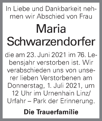 Traueranzeige von Maria Schwarzendorfer von OÖNachrichten