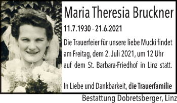 Traueranzeige von Maria Theresia Bruckner von OÖNachrichten
