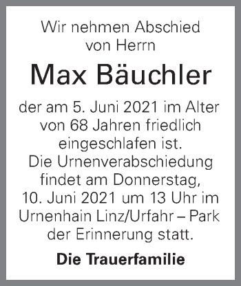 Traueranzeige von Max Bäuchler von OÖNachrichten