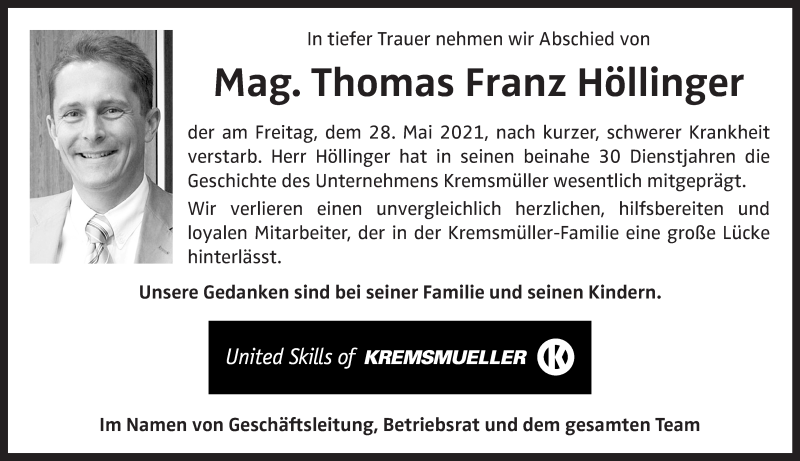  Traueranzeige für Thomas Franz Höllinger vom 05.06.2021 aus OÖNachrichten