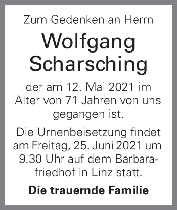 Traueranzeige von Wolfgang Scharsching von OÖNachrichten