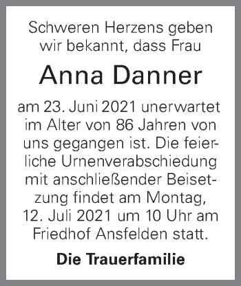 Traueranzeige von Anna Danner von OÖNachrichten