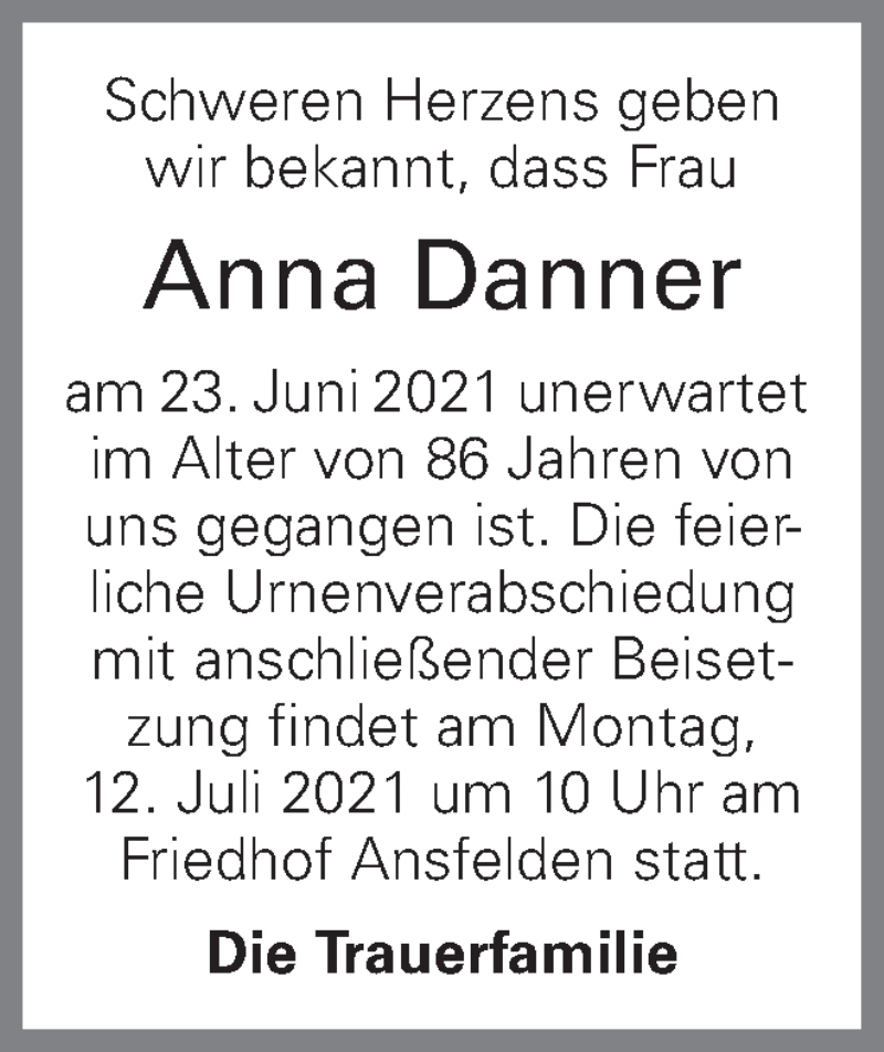  Traueranzeige für Anna Danner vom 05.07.2021 aus OÖNachrichten