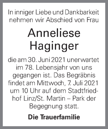 Traueranzeige von Anneliese Haginger von OÖNachrichten