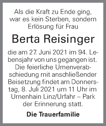 Traueranzeige von Berta Reisinger von OÖNachrichten