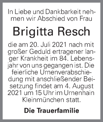 Traueranzeige von Brigitta Resch von OÖNachrichten