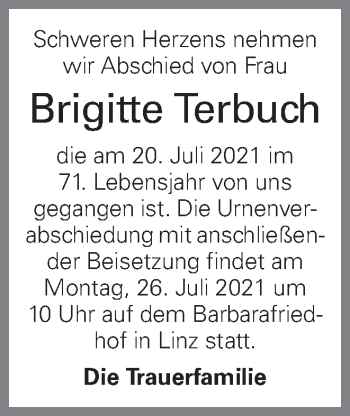 Traueranzeige von Brigitte Terbuch von OÖNachrichten