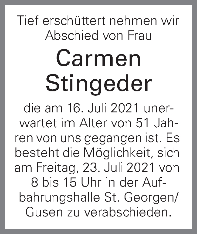  Traueranzeige für Carmen Stingeder vom 21.07.2021 aus OÖNachrichten