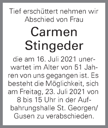 Traueranzeige von Carmen Stingeder von OÖNachrichten