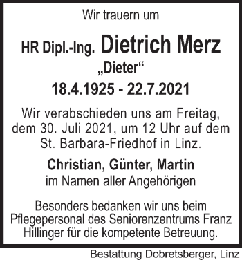 Traueranzeige von Dietrich Merz von OÖNachrichten