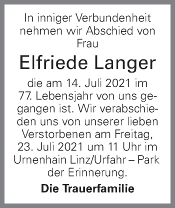 Traueranzeige von Elfriede Langer von OÖNachrichten