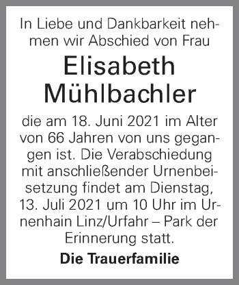 Traueranzeige von Elisabeth Mühlbachler von OÖNachrichten