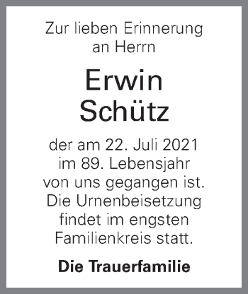 Traueranzeige von Erwin Schütz von OÖNachrichten