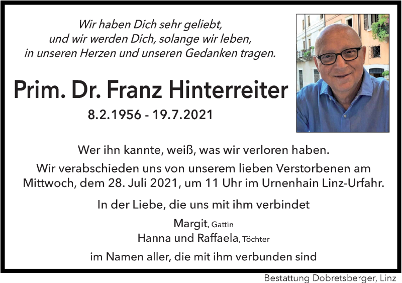  Traueranzeige für Franz Hinterreiter vom 24.07.2021 aus OÖNachrichten