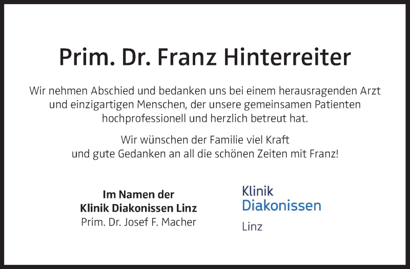  Traueranzeige für Franz Hinterreiter vom 28.07.2021 aus OÖNachrichten