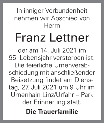 Traueranzeige von Franz Lettner von OÖNachrichten