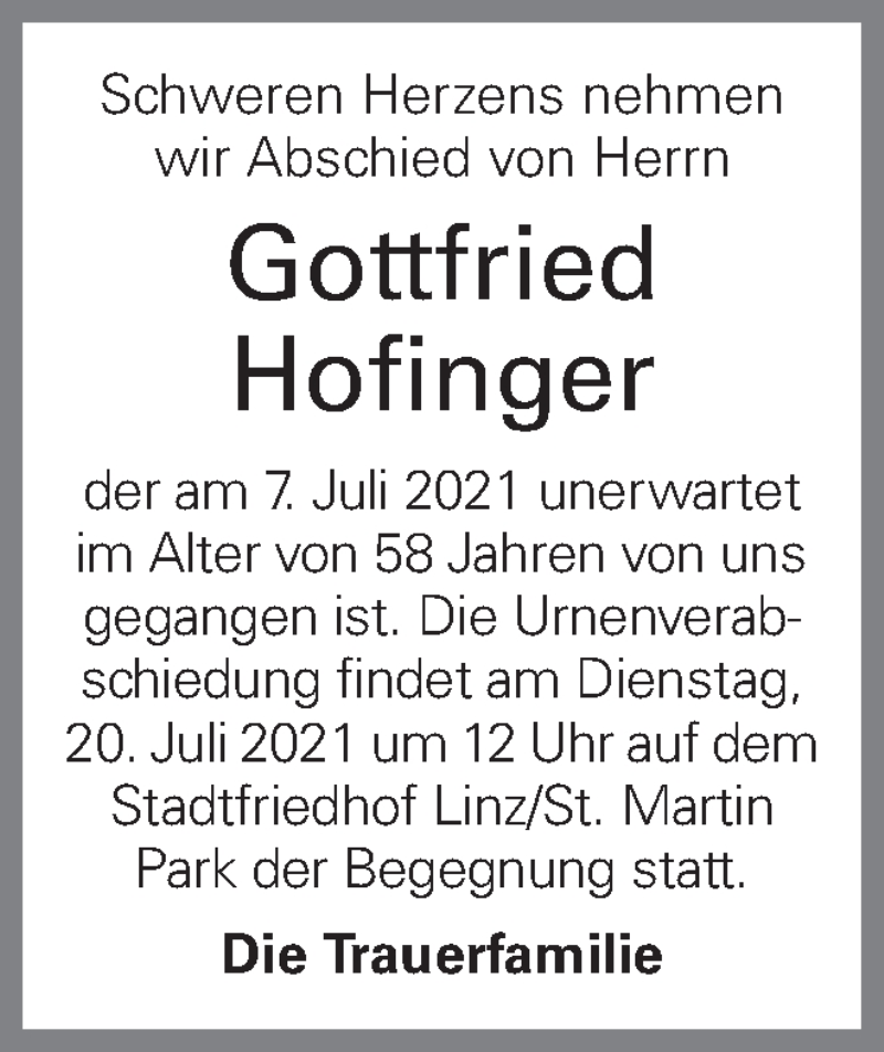  Traueranzeige für Gottfried Hofinger vom 15.07.2021 aus OÖNachrichten