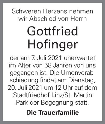 Traueranzeige von Gottfried Hofinger von OÖNachrichten