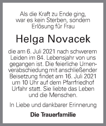Traueranzeige von Helga Novacek von OÖNachrichten