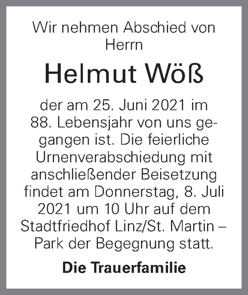  Traueranzeige für Helmut Wöß vom 03.07.2021 aus OÖNachrichten