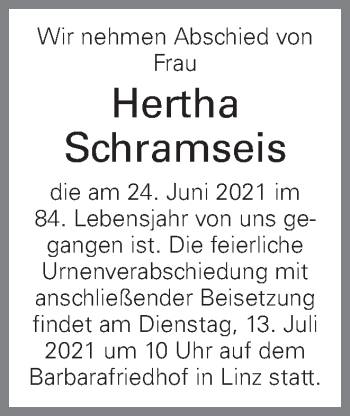 Traueranzeige von Hertha Schramseis von OÖNachrichten