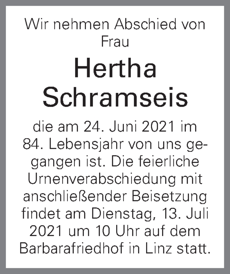  Traueranzeige für Hertha Schramseis vom 08.07.2021 aus OÖNachrichten