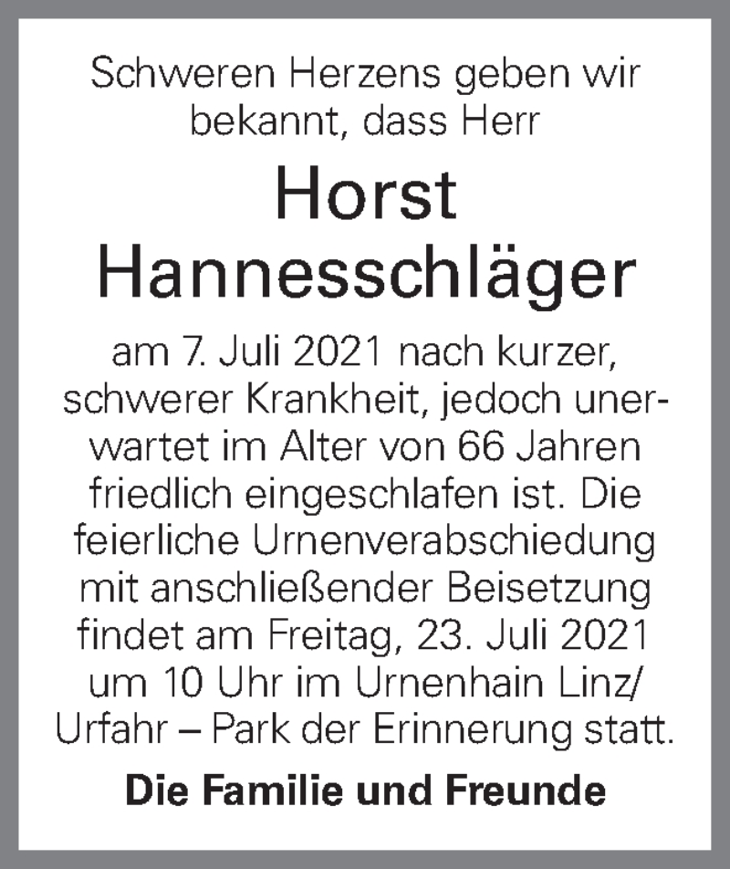  Traueranzeige für Horst Hannesschläger vom 17.07.2021 aus OÖNachrichten