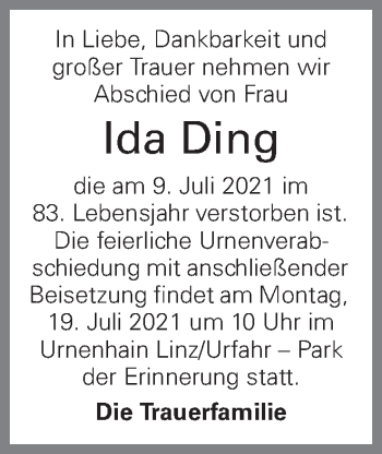 Traueranzeige von Ida Ding von OÖNachrichten