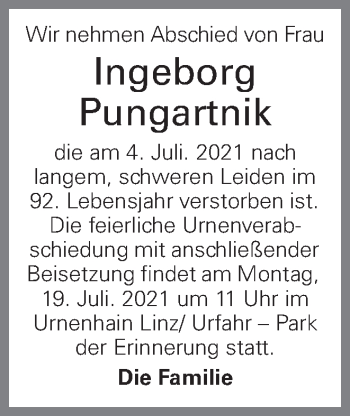 Traueranzeige von Ingeborg Pungartnik von OÖNachrichten