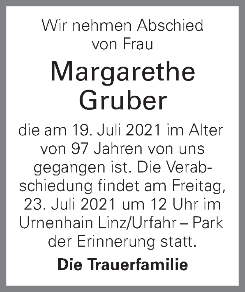  Traueranzeige für Margarethe Gruber vom 22.07.2021 aus OÖNachrichten